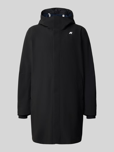 Produktfoto, schwarze Jacke mit Kapuze und Label-Detail Modell 'THOMAS BONDED' von K-WAY, verdeckter Reißverschluss, glatte Struktur