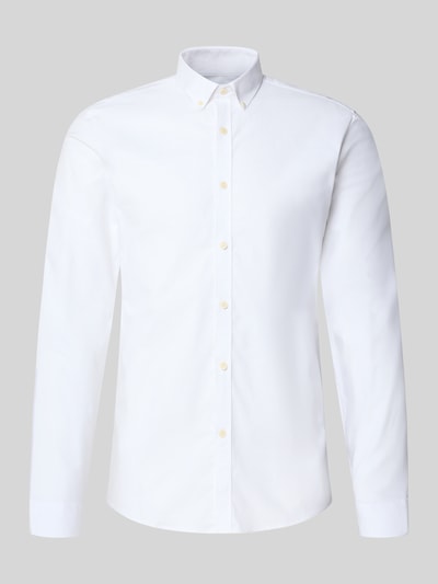 Produktfoto, Regular Fit Freizeithemd aus Baumwoll-Mix Modell 'Oxford' von Lindbergh, weiß, glatte Textur, Kołnierzyk typu button down, mankiety zapinane na 1 guzik, dół zaokrąglony, mieszanka bawełny i elastanu, Model 'Oxford', krój regular fit, Długość tyłu w rozmiarze M: 77 cm, Szerokość ramion w rozmiarze M: 44 cm, Długość rękawów w rozmiarze M: 66 cm