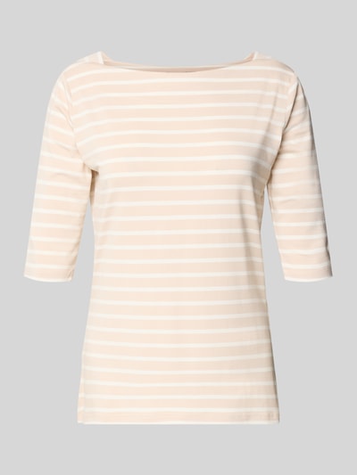 Produktfoto, T-Shirt mit U-Boot-Ausschnitt von Comma, Streifenmuster in Beige und Weiß, Viskose-Mix, körpernaher Schnitt, 1/2 Arm, Damen