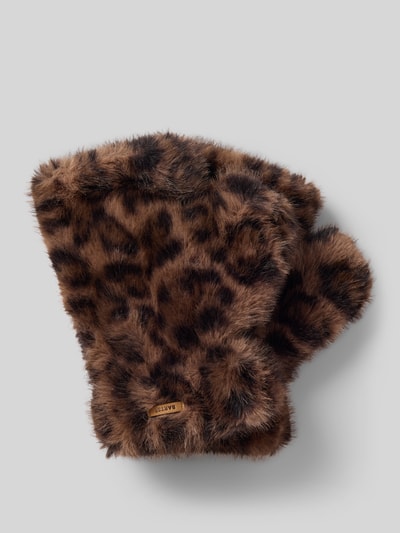 Produktfoto, dunkelbraune und schwarze, flauschige Textur mit Leopardenmuster, Handschuhe in Fäustling-Optik mit offener Spitze Modell 'Britamu Fingerless' von Barts, Damen Handschuhe von Barts