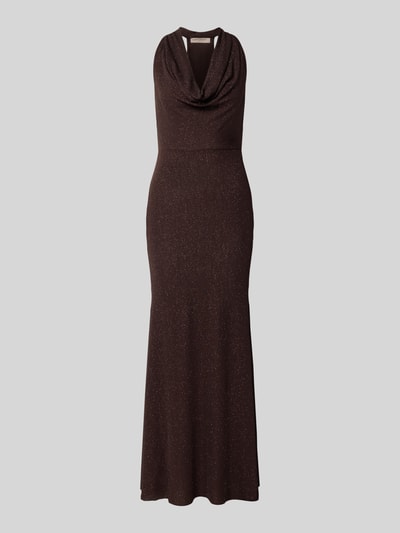 Produktfoto, Slim Fit Abendkleid in Glitzer-Optik von Rinascimento, braune Farbe, Wasserfall-Ausschnitt, ärmellos, elastischer Material-Mix