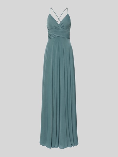 Produktfoto, Maxikleid in Wickel-Optik mit rückseitiger Schnürung von Jake*s Cocktail im Material-Mix mit Stretch-Anteil, A-Linie, matt glänzende glatte Oberfläche in Blaugrün, Rückenlänge 135 cm bei Größe 36, Brustweite 34 cm bei Größe 36.