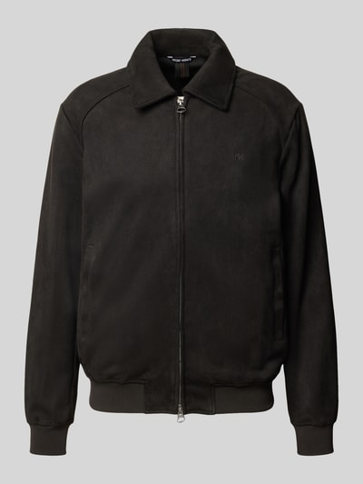 Produktfoto, Blouson in Leder-Optik mit Zweiwege-Reißverschluss von Antony Morato, Regular Fit, schwarze Farbe, strukturierte Oberfläche, Kentkragen, sichtbare Eingrifftaschen, Kontext: Rückenlänge 65 cm, Schulterbreite 52 cm, Brustweite 54 cm, Ärmellänge 68 cm.