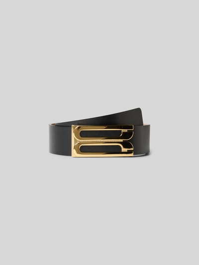 Produktfoto, Gürtel mit Pinschließe von Victoria Beckham in Schwarz mit glänzender Struktur, goldener Schließe und Logo-Detail, schmale Passform