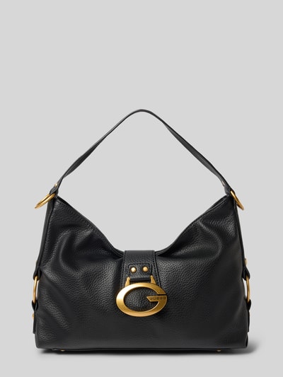 Productfoto, Handtasche met Labelapplicatie Model 'CAMDEN' van GUESS in zwart, goudkleurige details, structuur oppervlak, Hoofdvak met ritssluiting, Overslag met magneetsluiting, schouderband, Breedte maat 1: 36 cm, Lengte maat 1: 28 cm, Diepte maat 1: 10 cm, bandlengte maat 1: 48 cm