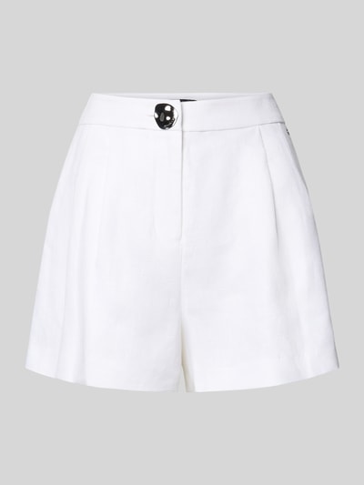 Produktfoto, Shorts mit französischen Eingrifftaschen von ARMANI EXCHANGE in Weiß, Ausgestellter Schnitt, Knopf-Reißverschluss, Gesäßtaschen, strukturierte Textur, Bundweite 38 cm, Innenbeinlänge 7 cm bei Größe 36.