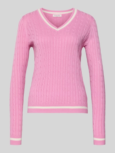 Produktfoto, Slim Fit Longsleeve in tricotlook van Christian Berg Woman, katoenmix, V-hals, elastische boorden, roze, maat S