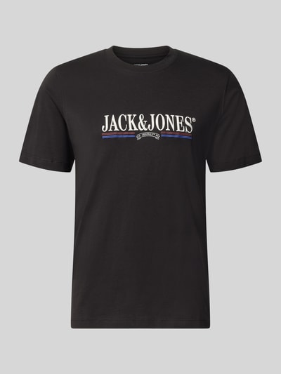 Produktfoto, T-shirt mit Label-Print Modell 'FREDERIKSBERG' von JACK & JONES, schwarze Baumwolle, gerader Schnitt, Rundhalsausschnitt, Kontext: Herren T-Shirt von JACK & JONES, reine Baumwolle, Label-Print, Rückenlänge bei Größe M 70 cm