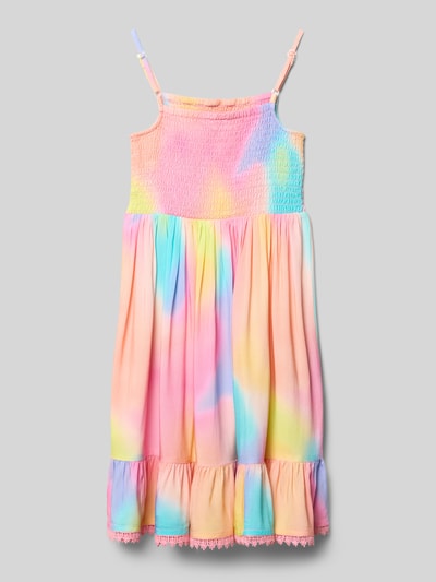 Produktfoto, Regular Fit Kleid aus reiner Viskose mit Smok-Optik von Happy Girls, bunte Pastellfarben, Rüschenbesatz, Spaghettiträger, Rückenlänge 63 cm bei Größe 116.