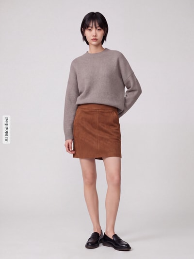 Vrouwenmodel draagt Ausgestellter Mini-Rock aus reiner Baumwolle Modell 'DONNADINA' van VERO MODA, effen bruin, gladde textuur, Ganzkörperansicht van voren, KI-modificeerd beeld