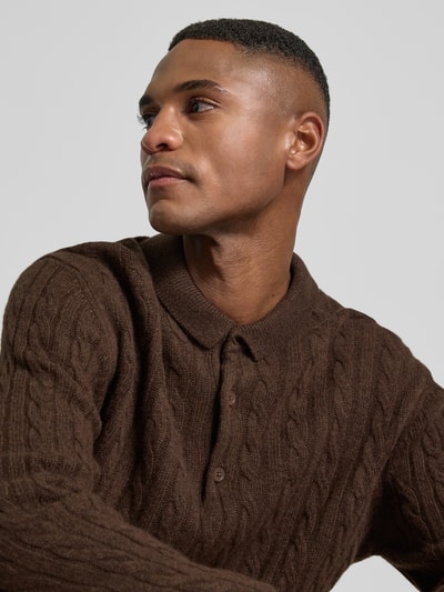 Lindbergh Sweter z dzianiny z mieszanki lnu z kołnierzykiem polo Ciemnobrązowy 3