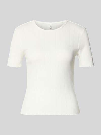Produktfoto, Slim Fit T-Shirt aus Baumwoll-Mix Modell 'TENNA' von Only, unifarben weiß, kurzarm, Frill-Abschlüsse, leichte Rippstruktur