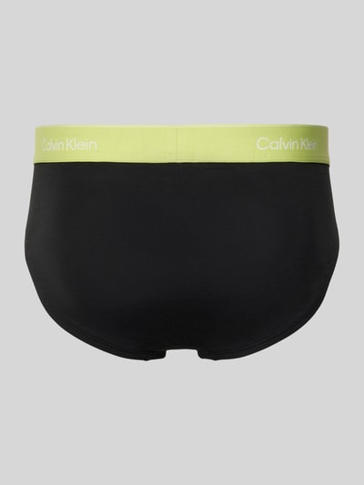 Produktfoto, Slip aus Baumwoll-Mix im 5er-Pack von Calvin Klein Underwear, schwarze Farbe, elastischer Logo-Bund, glatte Textur.