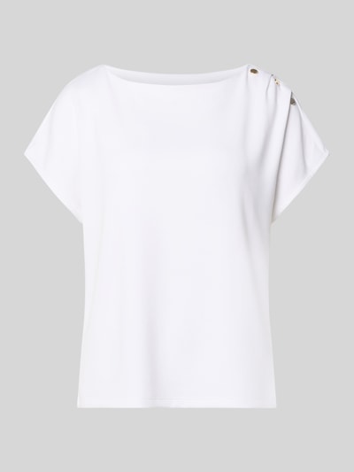 Produktfoto, T-Shirt mit Zierknöpfen und Rundhalsausschnitt von Comma aus weißem Viskose-Mix mit Stretch-Anteil in Relaxed-Fit.