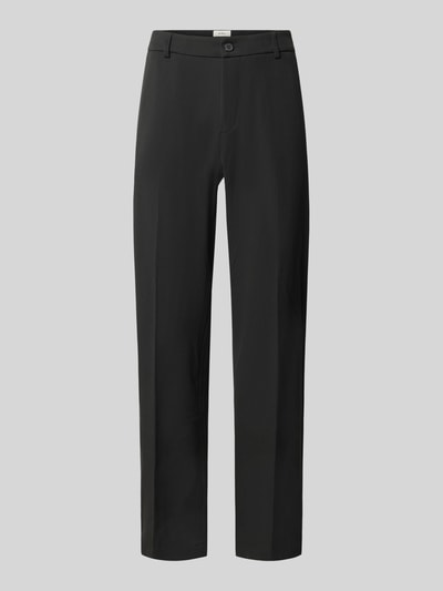 Produktfoto, Anzughose mit Bügelfalten Modell 'Como Solid Slack Pants' von Les Deux, czarny kolor, krój regular fit, czysta bawełna, widoczne kieszenie z tyłu, szerokość w rozmiarze 32/32: 43 cm, długość nogawki od wewnątrz w rozmiarze 32/32: 77 cm, gładka tekstura