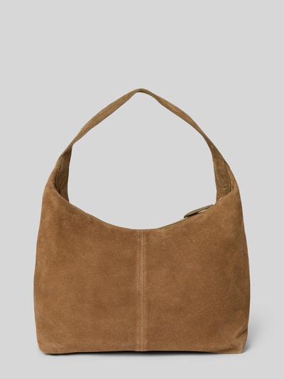 Produktfoto, Handtasche aus Leder mit Schulterriemen von Mango in Braun, samtige Textur, Reißverschluss, Maße 28x22x16 cm, Riemen 44 cm.