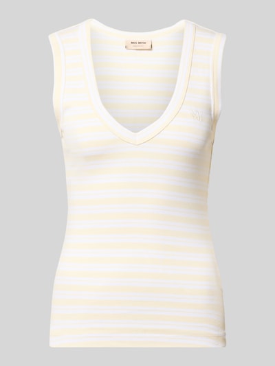 Productfoto, Slim Fit Top met V-hals model 'Elle' van MOS MOSH, zuivere katoen, geel-witte strepen, dames top, lengte 58 cm, maat S