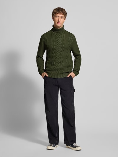 Jack & Jones Rollkragenpullover mit Zopfmuster Modell 'PAUL' Dunkelgruen 1