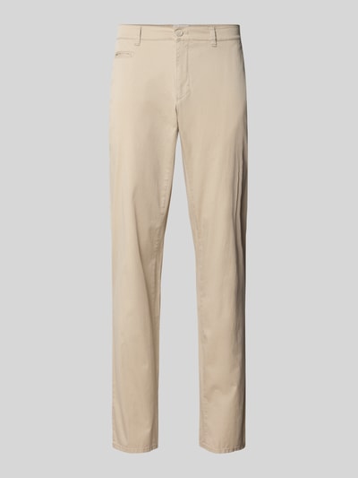 Produktfoto, spodnie Fein strukturierte Hose Modell 'Fabio' von Brax z mieszanki bawełny i elastanu, krój slim fit, jasnobeżowe, wpuszczane kieszenie, szerokość w rozmiarze 32/32: 42 cm, długość wewnętrzna nogawki: 82 cm, lekko fakturowana powierzchnia