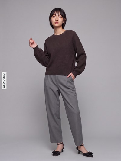 Frauenmodel trägt Regular Fit Pullover aus Viskose-Mix Modell 'NANCY' von VERO MODA in Dunkelbraun zu grauer Hose, Ganzkörperansicht von vorne, Damen Pullover, KI-modifiziertes Bild.