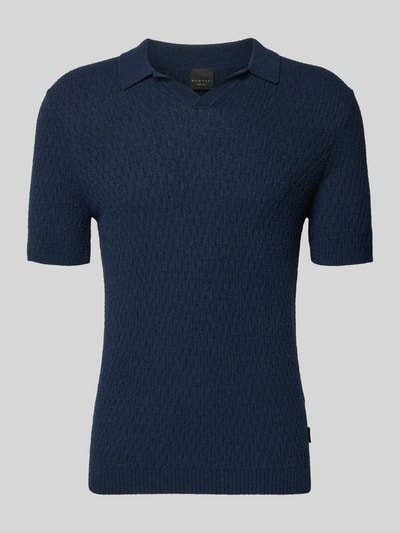 Produktfoto, Slim Fit Strick-Poloshirt mit Strukturmuster von bugatti in Dunkelblau, Baumwoll-Mix, V-Ausschnitt, Rückenlänge 68 cm bei Größe M