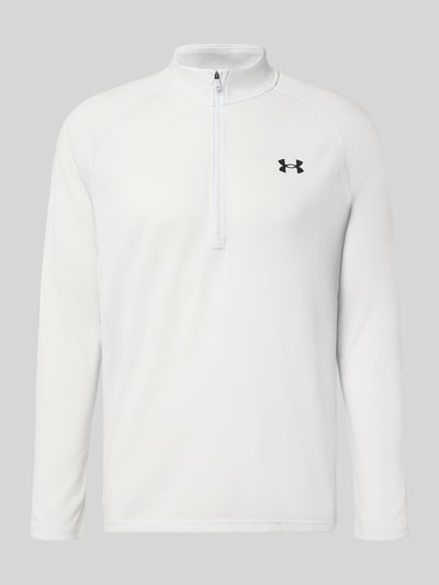 Produktfoto, Sweatshirt mit kurzem Reißverschluss und Logo-Print von Under Armour, prosty krój, stójka, nadruk z logo, długość tyłu w rozmiarze M: 74 cm, długość rękawów w rozmiarze M: 64 cm, biała gładka faktura