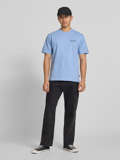 Männermodel trägt Herren T-Shirt mit Label-Print Modell 'FAIRLAWN' von Dickies in Hellblau, Reine Baumwolle, Regular-Fit, Rundhalsausschnitt, Rückenlänge 72 cm bei Größe M, Ganzkörperansicht von vorne.