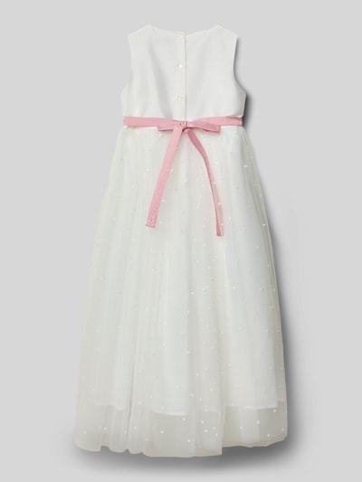 Meisje draagt Regular Fit Midikleid met floralem Besatz van Une Hautre Couture, wit met roze strik, rugaanzicht, ganzkörperansicht rückansicht.