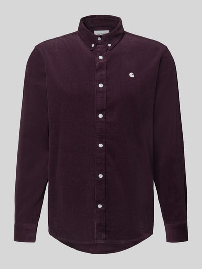 Produktfoto, Regular Fit Freizeithemd aus Cord mit Button-Down-Kragen von Carhartt Work In Progress, bawełna, krój regular fit, model 'Madison', label-stitching, bordowy kolor, gładka tekstura, długość tyłu w rozmiarze M 76 cm, szerokość w rozmiarze M 44 cm, długość rękawa w rozmiarze M 64 cm