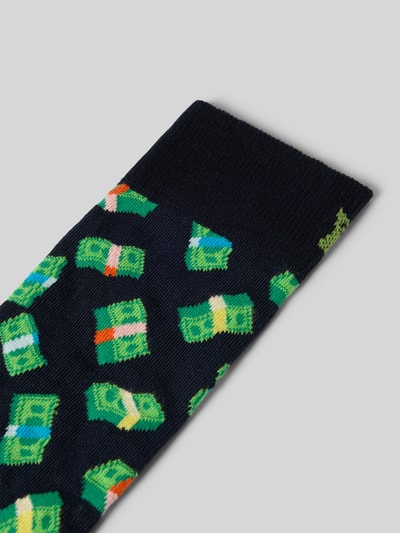 Produktfoto, Socken aus Baumwoll-Mix Modell 'Money Money' von Happy Socks für Herren mit buntem Geldscheinmuster, elastisches Rippenbündchen, Label-Detail, Baumwoll-Elasthan-Mix, dunkle Grundfarbe, Detailaufnahme.