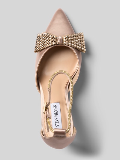 Produktfoto, Brautschuhe mit Strasssteinen Modell 'Last Dance' von Steve Madden in Beige mit spitzer Form, Zierschleife, Pfennigabsatz, dünnem Riemen, Struktur und Glanz, Absatzhöhe 9 cm bei Größe 40.