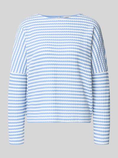 Produktfoto, Relaxed Fit Pullover in Strick-Optik Modell 'Gresh' von Opus, Damen Pullover aus reiner Baumwolle, blau-weiß gestreift, Rundhalsausschnitt, Rückenlänge 55 cm, Ärmellänge 36 cm.