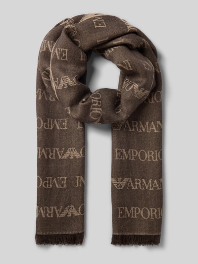 Produktfoto, Schal mit Logo-Muster und Fransen von Emporio Armani in Braun-Beige, rechteckige Form, Material-Mix mit Lanawoll-Anteil