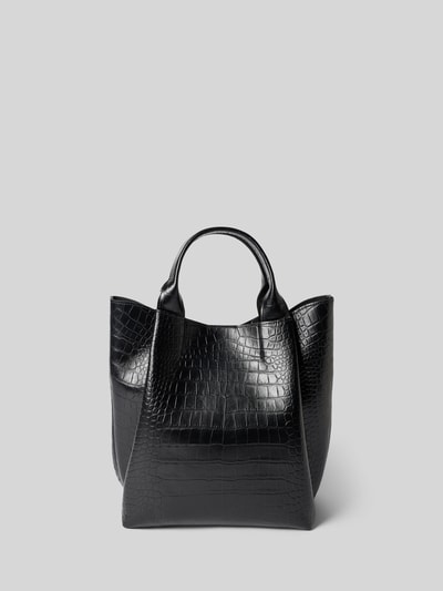 Produktfoto, schwarze Handtasche aus Leder mit Label-Detail Modell 'ESSENTIAL' von Abro, strukturierte Krokoprägung, silberne Details, elegante Optik, kurze Tragegriffe, verstellbarer Schultergurt, zusätzliche Reißverschlusstasche, Magnetverschluss, rechteckige Form, neutrale Hintergrundfarbe