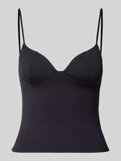 Produktfoto, Slim Fit Top mit Shaping-Effekt von Gina Tricot aus Elastischer-Material-Mix, Spaghettiträger, Rückenlänge 28 cm, schwarz.