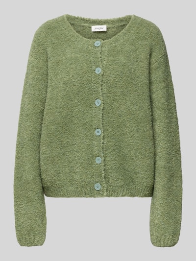 Produktfoto, Strickjacke mit Knopfleiste Modell 'ZOLLY' von American Vintage in hellem Grün, lockerer Schnitt, gerippte Abschlüsse, Wollmix, Rundhalsausschnitt, Textur weich und flauschig.