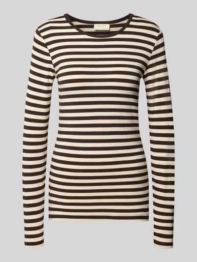 Produktfoto, Skinny Fit Longsleeve aus Viskose-Mix Modell 'Liana' von FREE/QUENT, braun-beige gestreift, weiche Struktur, Rundhalsausschnitt