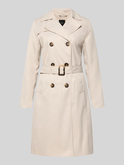 Produktfoto, Trenchcoat mit Gürtel und seitlichen Eingrifftaschen von Zero in Beige, Taillierter Schnitt, Reverskragen, Doppelreihige Knopfleiste, Gürtel mit Dornschließe, Rückenlänge bei Größe 36: 100 cm, Schulterbreite: 37 cm, Brustweite: 50 cm, Ärmellänge: 59 cm, glatte Oberfläche, klare Linien