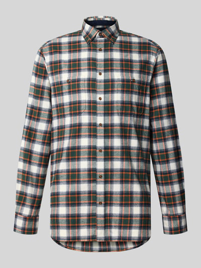 Produktfoto, Regular Fit Freizeithemd aus Flanell mit Button-Down-Kragen von Christian Berg Men, bawełna, krój regular fit, dwie kieszenie na piersi, długość tyłu w rozmiarze M: 79 cm, szerokość w rozmiarze M: 47 cm, długość rękawa w rozmiarze M: 67 cm, wzór w zielono-niebiesko-pomarańczową kratę, miękka tekstura flanelowa