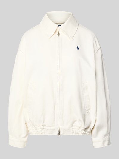 Produktfoto, Regular Fit Bomberjacke aus reiner Baumwolle von Polo Ralph Lauren in Unifarbe Creme mit Umlegekragen, Logo-Stitching, elastischem Saum und seitlichen Eingrifftaschen