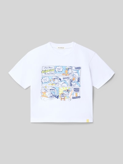 Produktfoto, T-Shirt aus reiner Baumwolle von BILLIEBLUSH, weiß, bunte Comicgrafik vorn, gerader Schnitt, Rundhalsausschnitt, kurzärmelig, Rückenlänge bei Größe 116: 41 cm