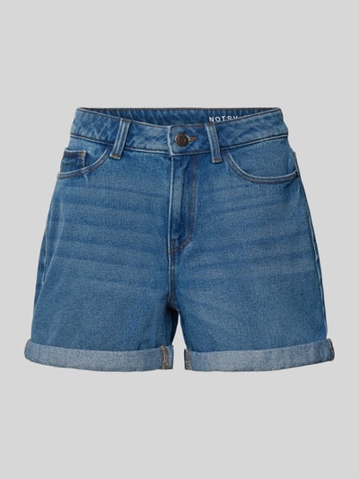 Produktfoto, Regular Fit Shorts im 5-Pocket-Design Modell 'Miley' von Noisy May aus Reine Baumwolle, blaue Denim-Optik, sichtbarer Knopf-Reißverschluss, klare Nähte, glatte Textur, Damen Shorts, Bundweite 38 cm, Innenbeinlänge 11 cm, Größe S.