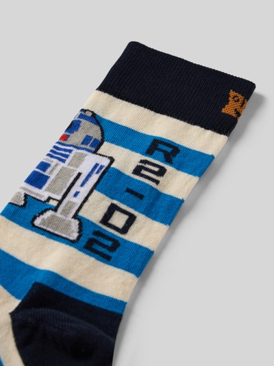 Produktfoto, Socken aus Baumwoll-Mix Modell 'R2-D2' von Happy Socks, gestreift in Blau, Weiß und Schwarz mit Label-Detail, elastisches Rippenbündchen