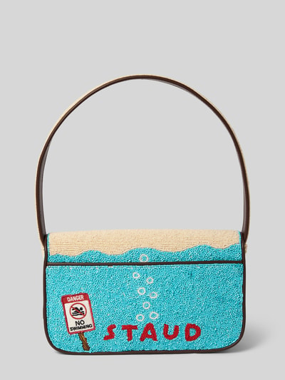 Produktfoto, Handtasche mit Pailletten Modell 'TOMMY' von Staud mit Magnetverschluss, blauen und beigen Farben, strukturierte Oberfläche.