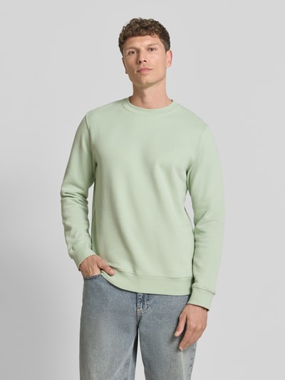 Männermodel trägt Regular Fit Sweatshirt aus reiner Bio-Baumwolle Modell 'BAARO LOOP' von Armedangels in Mintgrün, detailarm, unifarben, mit Rundhals und gerippten Abschlüssen, Logo-Stitching, Sweatstoff, Ganzkörperansicht von vorne.