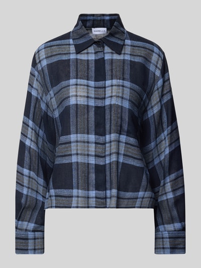 Produktfoto, Hemdbluse aus Viskose-Mix mit Schurwoll-Anteil Modell 'MODICO' von Marella in Blau-Grau Kariert, Relaxed Fit, durchgehende Knopfleiste, langärmliges Design, Umlegekragen