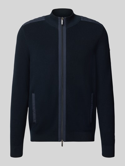 Produktfoto, Cardigan mit Zweiwege-Reißverschluss von bugatti in Dunkelblau mit Stehkragen, Regular Fit, Eingrifftaschen, glatte Struktur