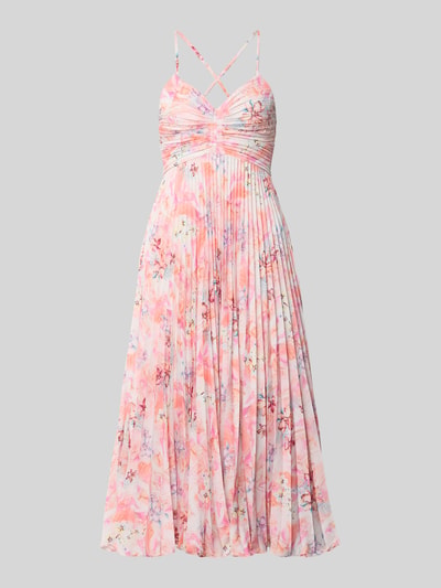 Produktfoto, Regular Fit Midikleid in Plissee-Optik von ADLYSH mit floraler Allover-Print, Cut-Out, Spaghettiträger, zarte Rosa- und Pastelltöne, feine Faltenstruktur, Rückenlänge in Größe S 86 cm, Brustweite in Größe S 31 cm.