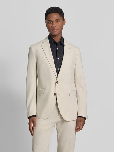 Männermodel trägt Sakko mit Brustleistentasche und Einstecktuch von CINQUE aus Material-Mix mit Viskose-Anteil, Regular-Fit, Reverskragen, Knopfleiste, Pattentaschen, Farbe Beige, glatte Textur, Ganzkörperansicht von vorne, Rückenlänge bei Größe 50: 73 cm, Schulterbreite bei Größe 50: 41 cm, Ärmellänge bei Größe 50: 65 cm.