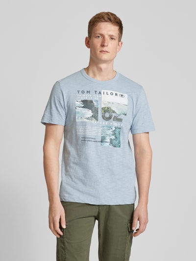 Tom Tailor T-shirt met motief- en labelprint Rookblauw - 4